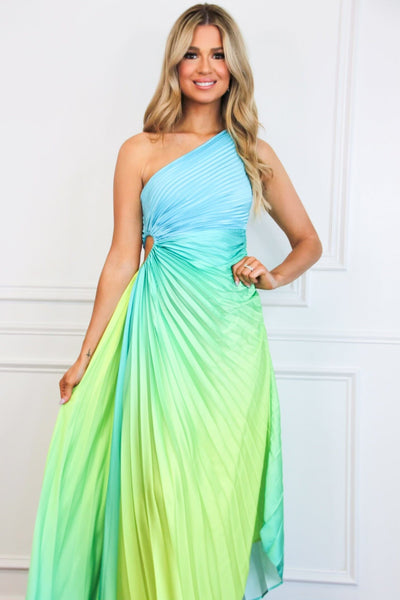 St Tropez Ombre Pleated One Shoulder Maxi Dress: Blue/Green Multi - Bella and Bloom Boutique