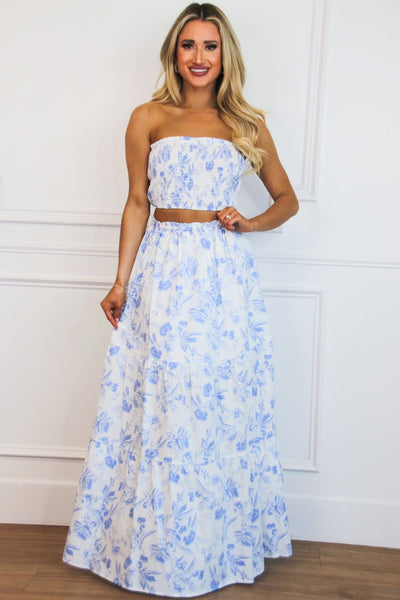 Kimora Floral Two Piece Set: White/Light Blue - Bella and Bloom Boutique