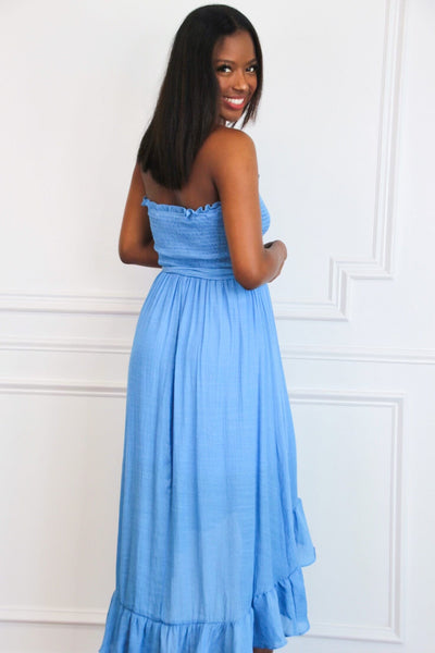 Kellie Smocked Midi Dress: Blue - Bella and Bloom Boutique