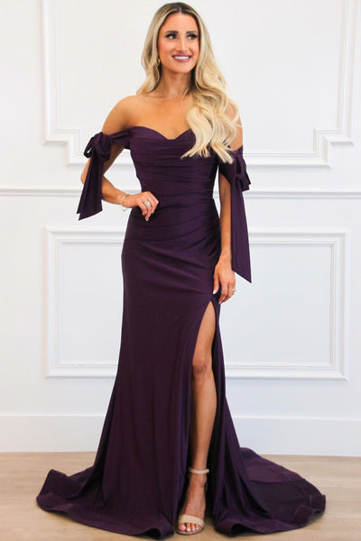 Southern Class Bow Sleeve Formal Dress: Eggplant - Bella and Bloom Boutique