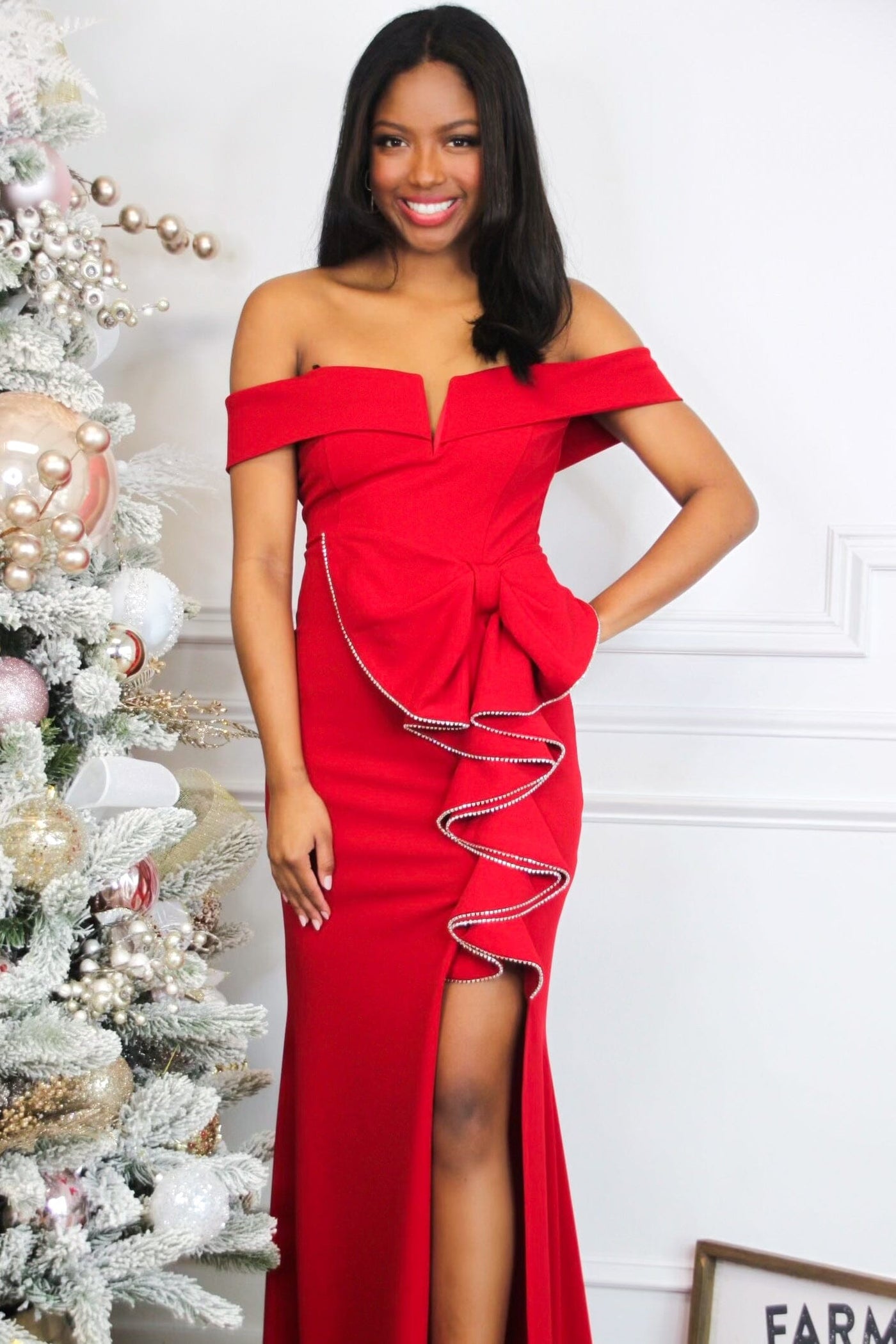 Caroline Embellished Bow Off Shoulder Maxi Dress: Red - Bella and Bloom Boutique