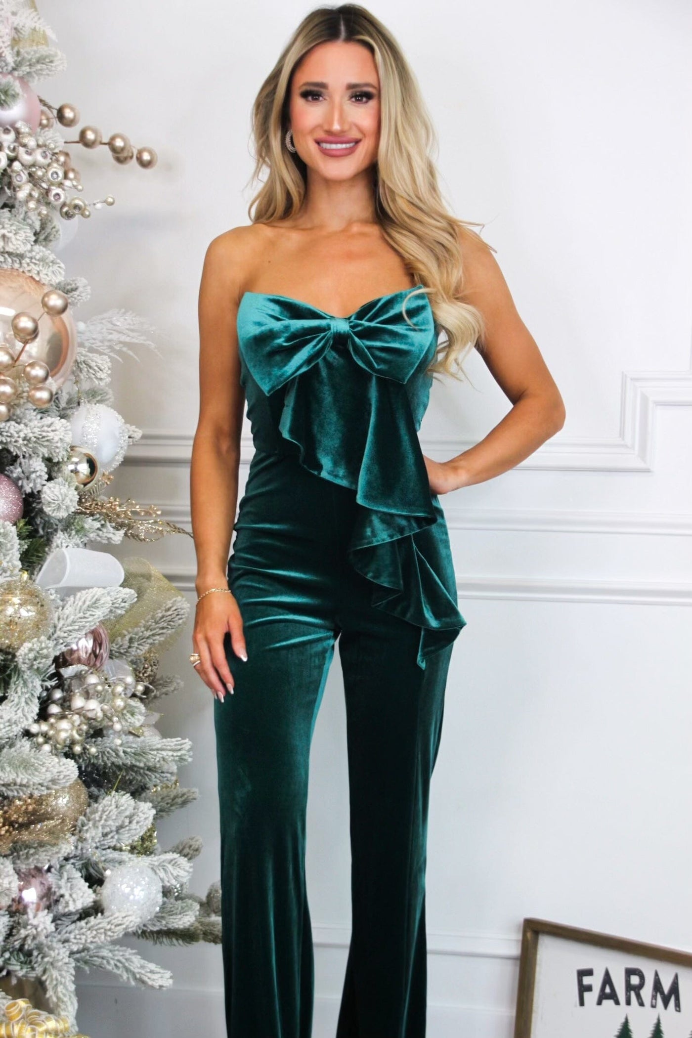 Put a Bow on It Velvet Jumpsuit: Emerald - Bella and Bloom Boutique