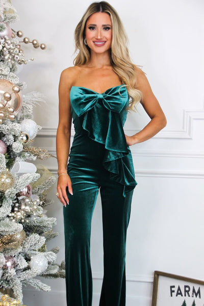 Put a Bow on It Velvet Jumpsuit: Emerald - Bella and Bloom Boutique