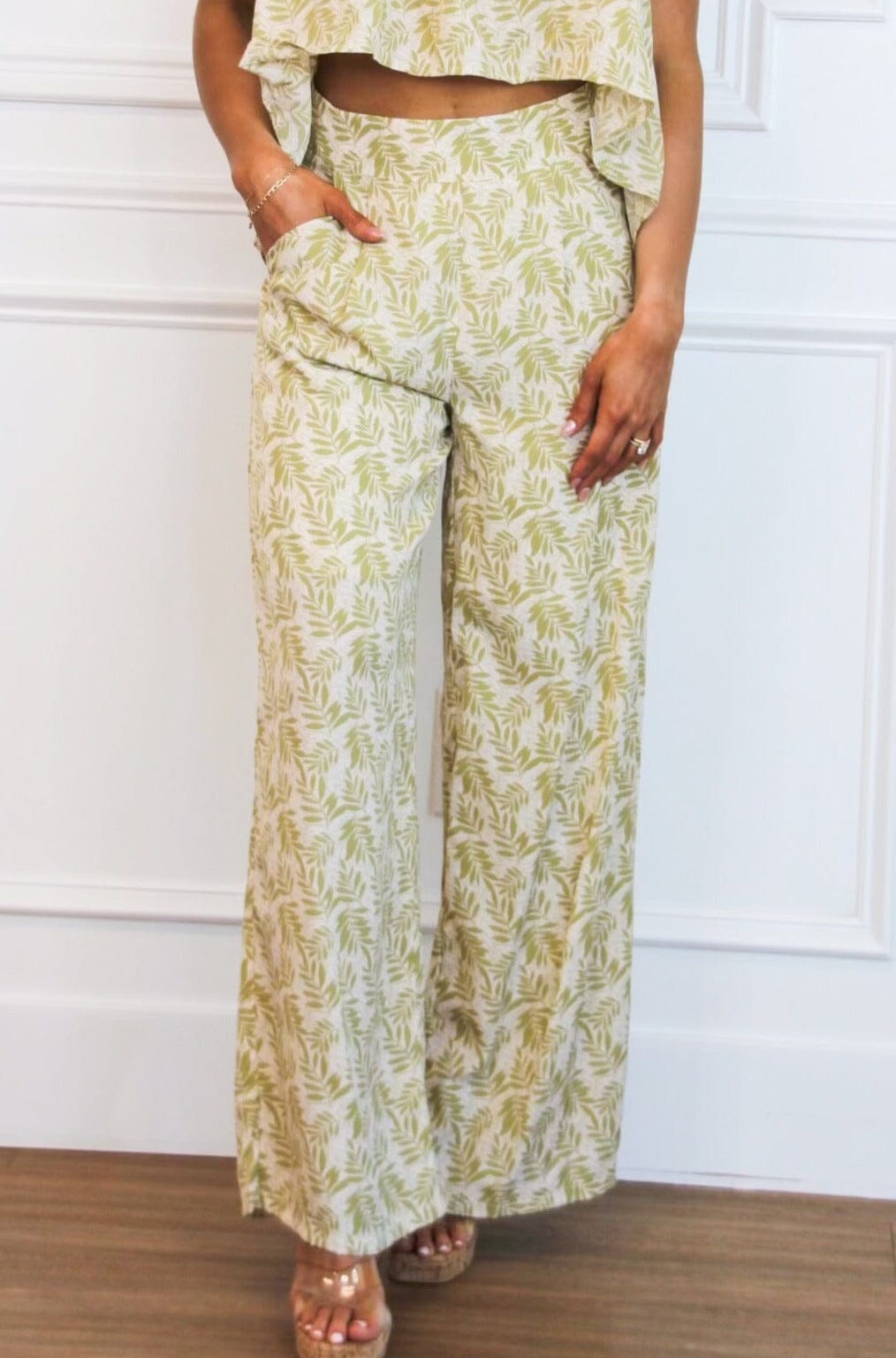 Tinsley Printed Wide Leg Pants: Light Green/Cream - Bella and Bloom Boutique