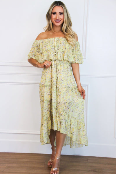 Maisie Off Shoulder Floral Midi Dress: Yellow Multi Bottoms Bella and Bloom Boutique 