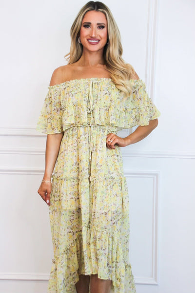 Maisie Off Shoulder Floral Midi Dress: Yellow Multi - Bella and Bloom Boutique