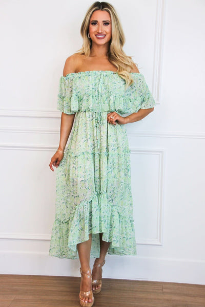 Maisie Off Shoulder Floral Midi Dress: Green Multi - Bella and Bloom Boutique