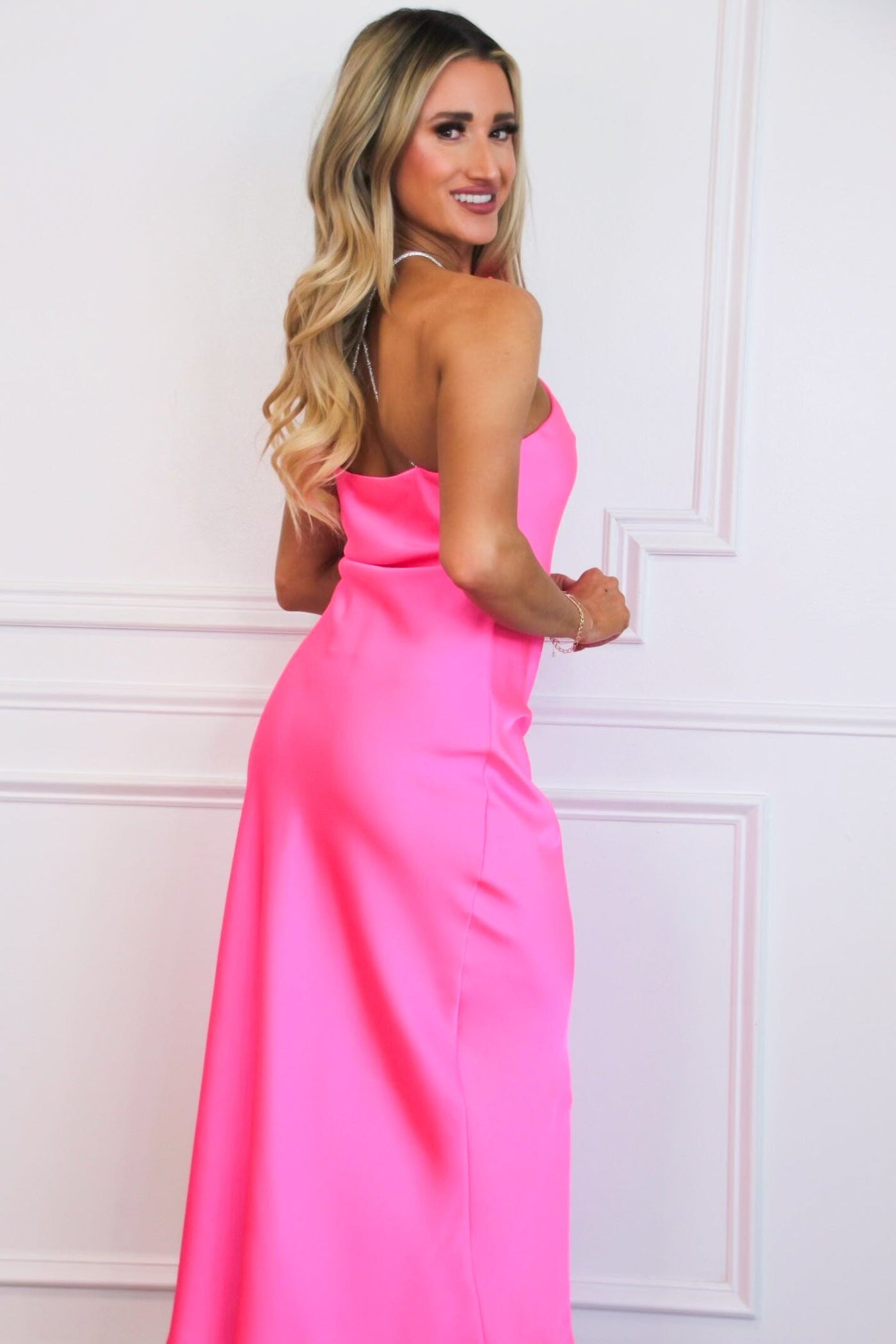 Livia Embellished Satin Rosette Midi Dress: Electric Bubblegum Pink - Bella and Bloom Boutique