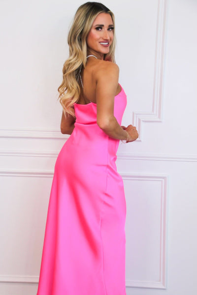 Livia Embellished Satin Rosette Midi Dress: Electric Bubblegum Pink - Bella and Bloom Boutique