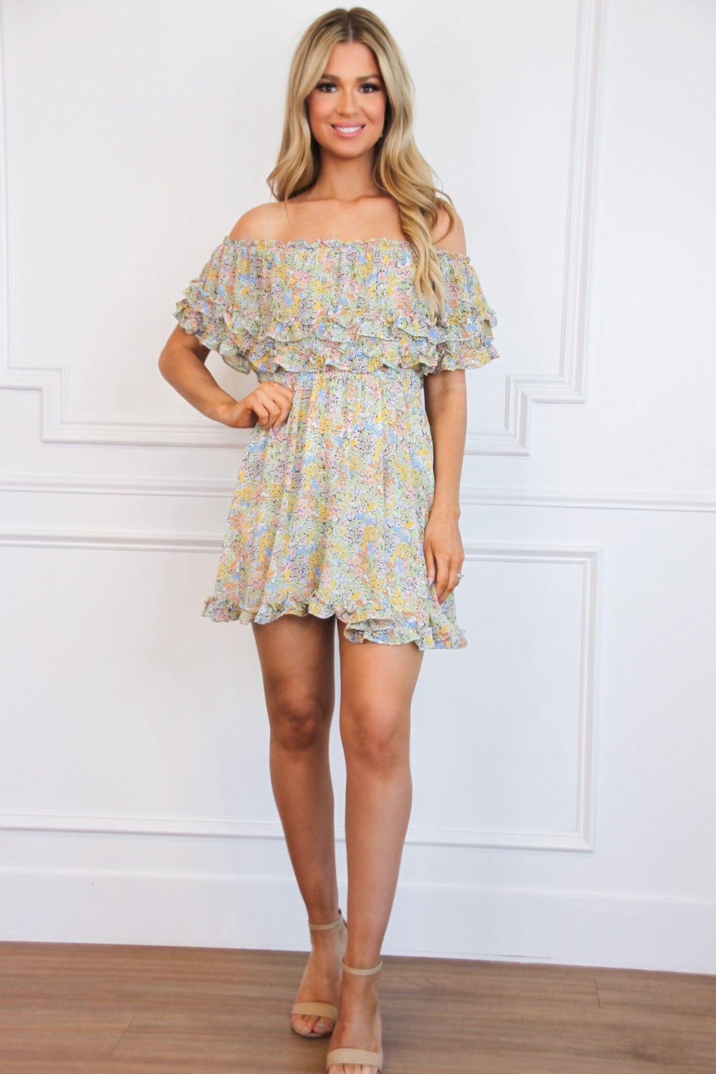 Annie Floral Ruffle Off Shoulder Dress: Yellow/Blue/Green Multi - Bella and Bloom Boutique