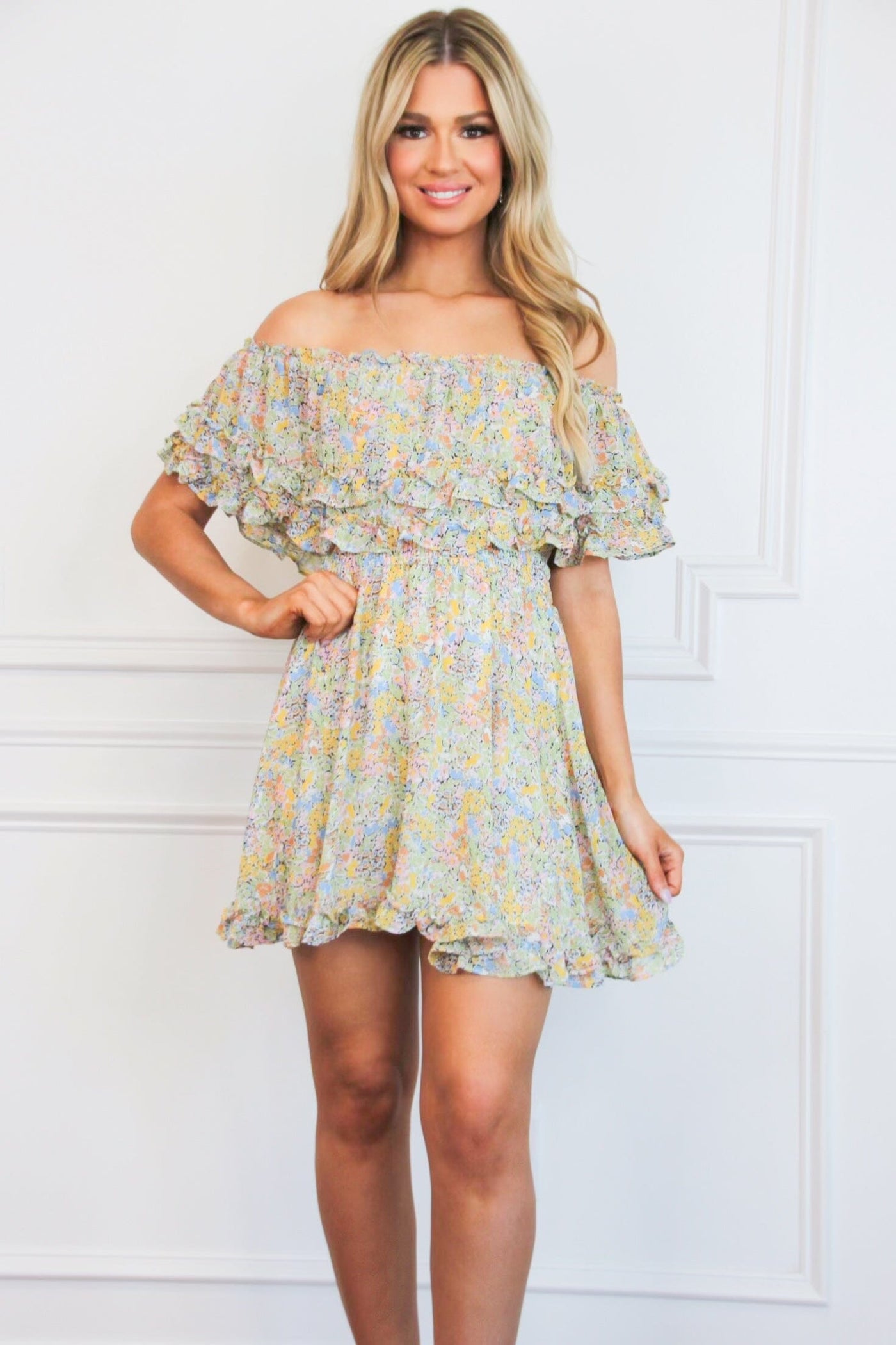 Annie Floral Ruffle Off Shoulder Dress: Yellow/Blue/Green Multi - Bella and Bloom Boutique