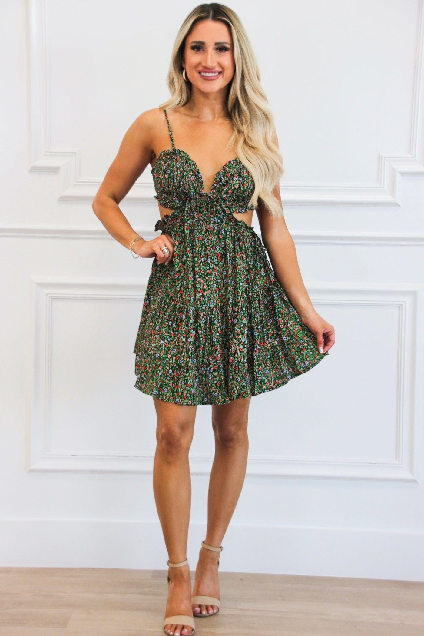 Jaimin Cutout Floral Mini Dress: Olive - Bella and Bloom Boutique