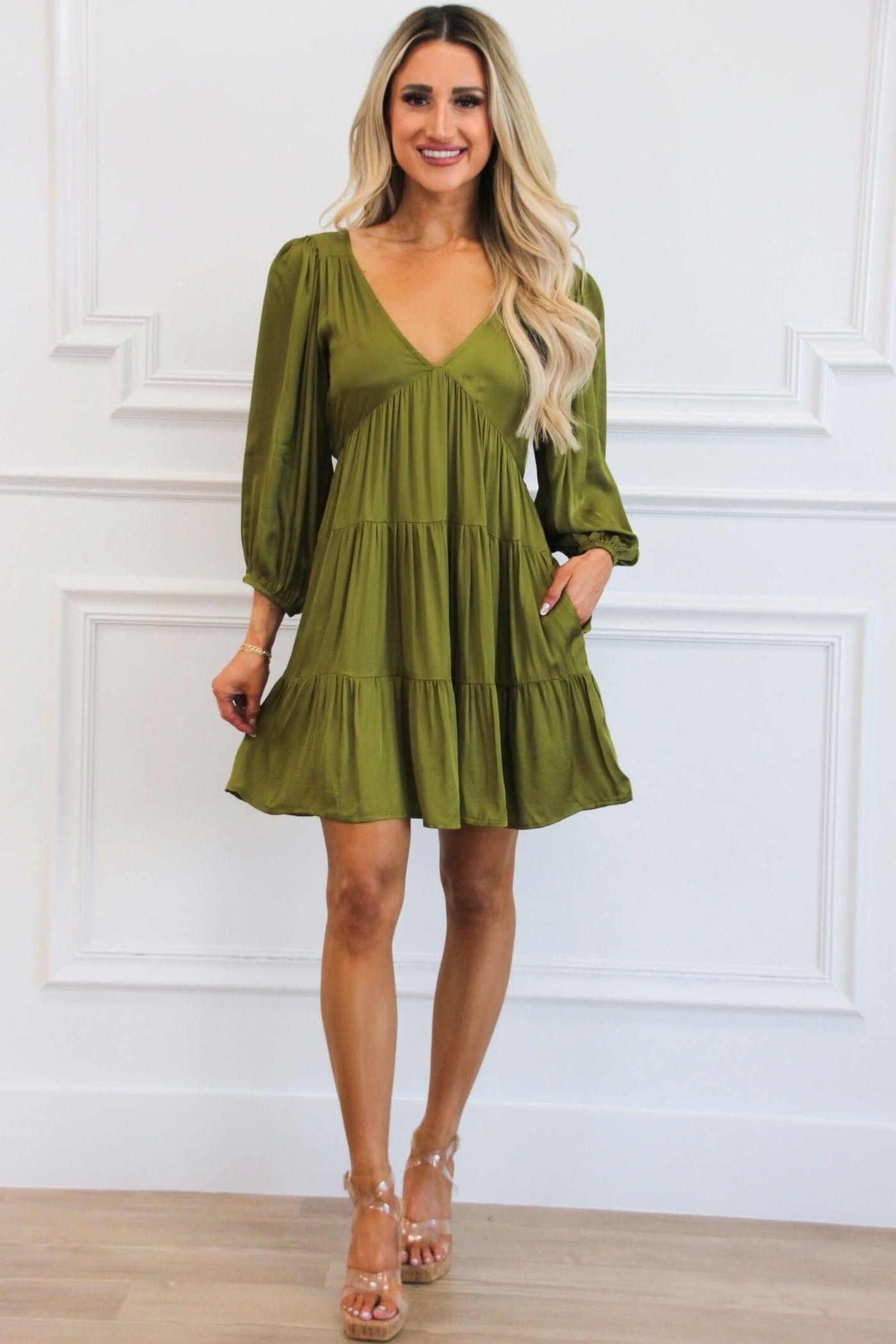 Cindy V Neck Dress: Olive - Bella and Bloom Boutique