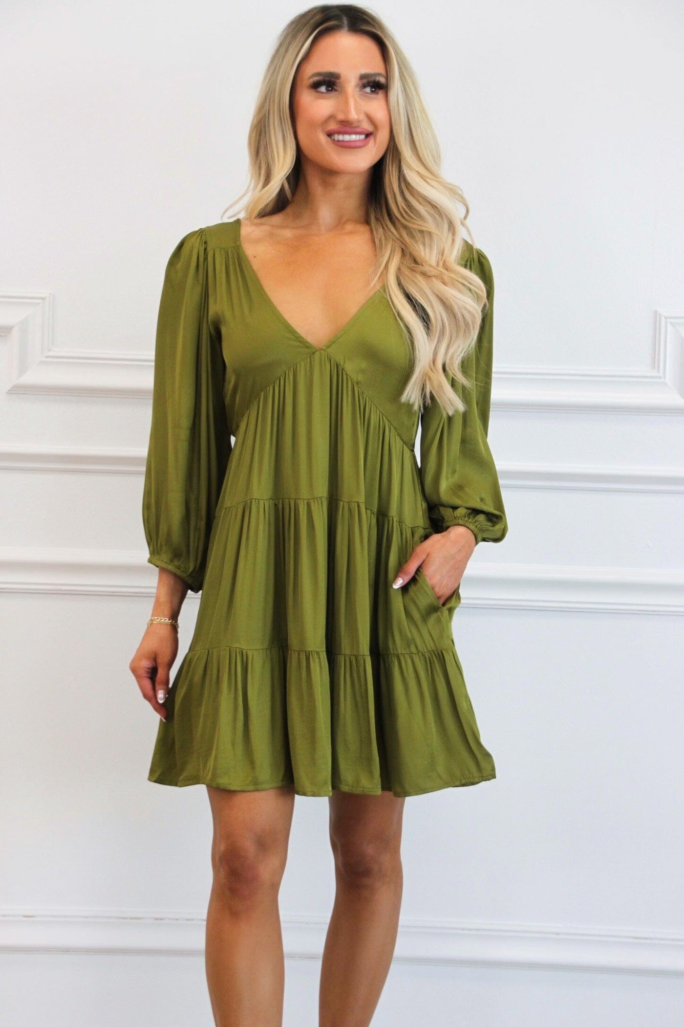 Cindy V Neck Dress: Olive - Bella and Bloom Boutique