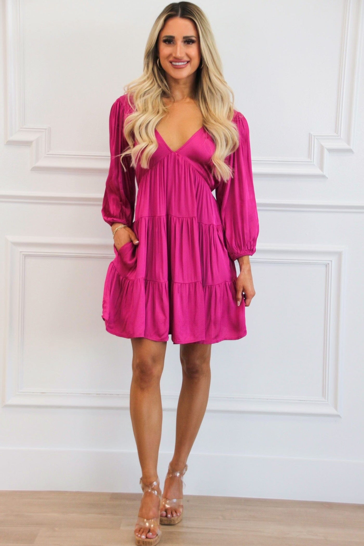 Cindy V Neck Dress: Fuchsia - Bella and Bloom Boutique