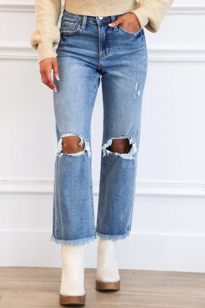 Laina High Rise Distressed Denim: Medium Wash - Bella and Bloom Boutique