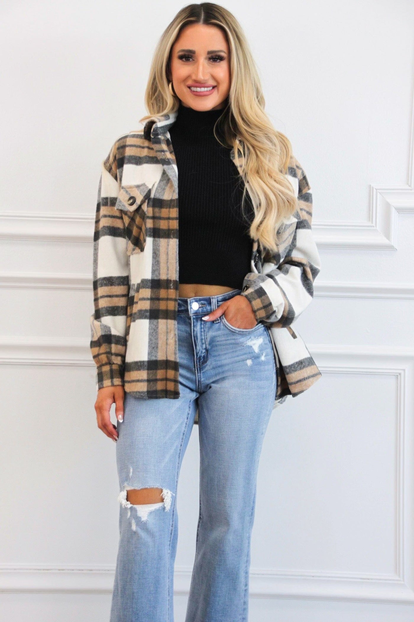 Gone Tomorrow Plaid Shacket: Camel - Bella and Bloom Boutique