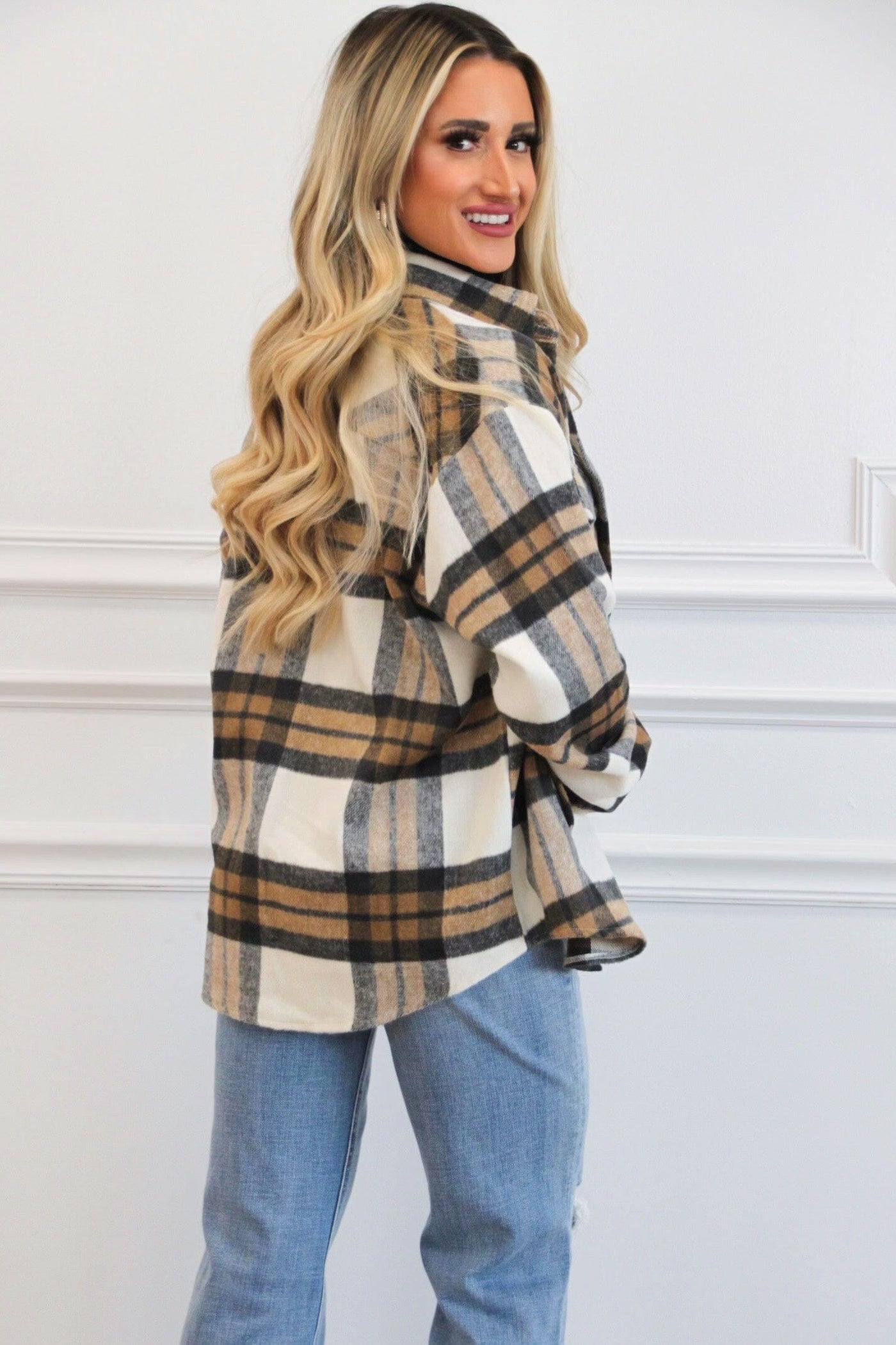 Gone Tomorrow Plaid Shacket: Camel - Bella and Bloom Boutique