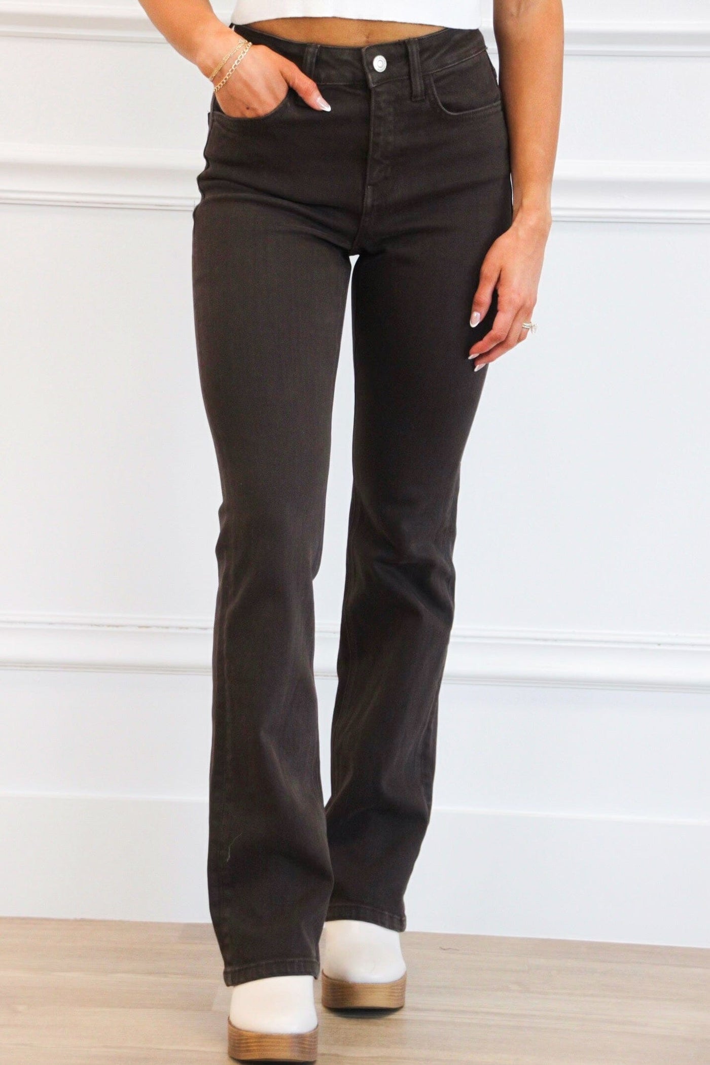 Java High Rise Bootcut Denim: Dark Brown - Bella and Bloom Boutique