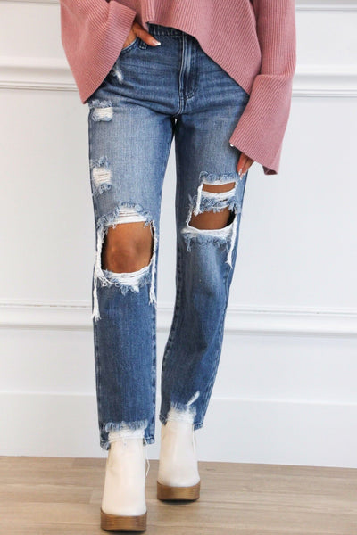 Stevenson High Rise Distressed Straight Denim: Medium Wash - Bella and Bloom Boutique