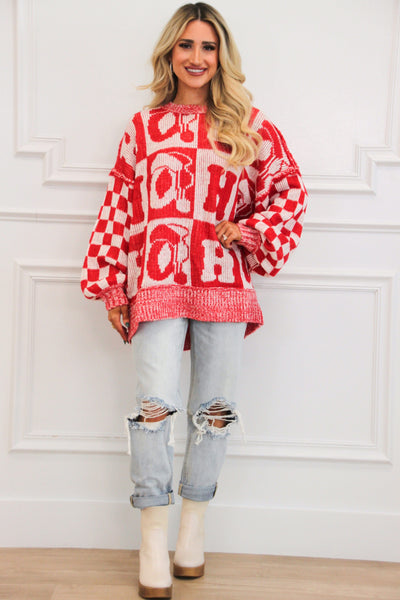 Ho Ho Ho Oversized Checkered Christmas Sweater: Red - Bella and Bloom Boutique