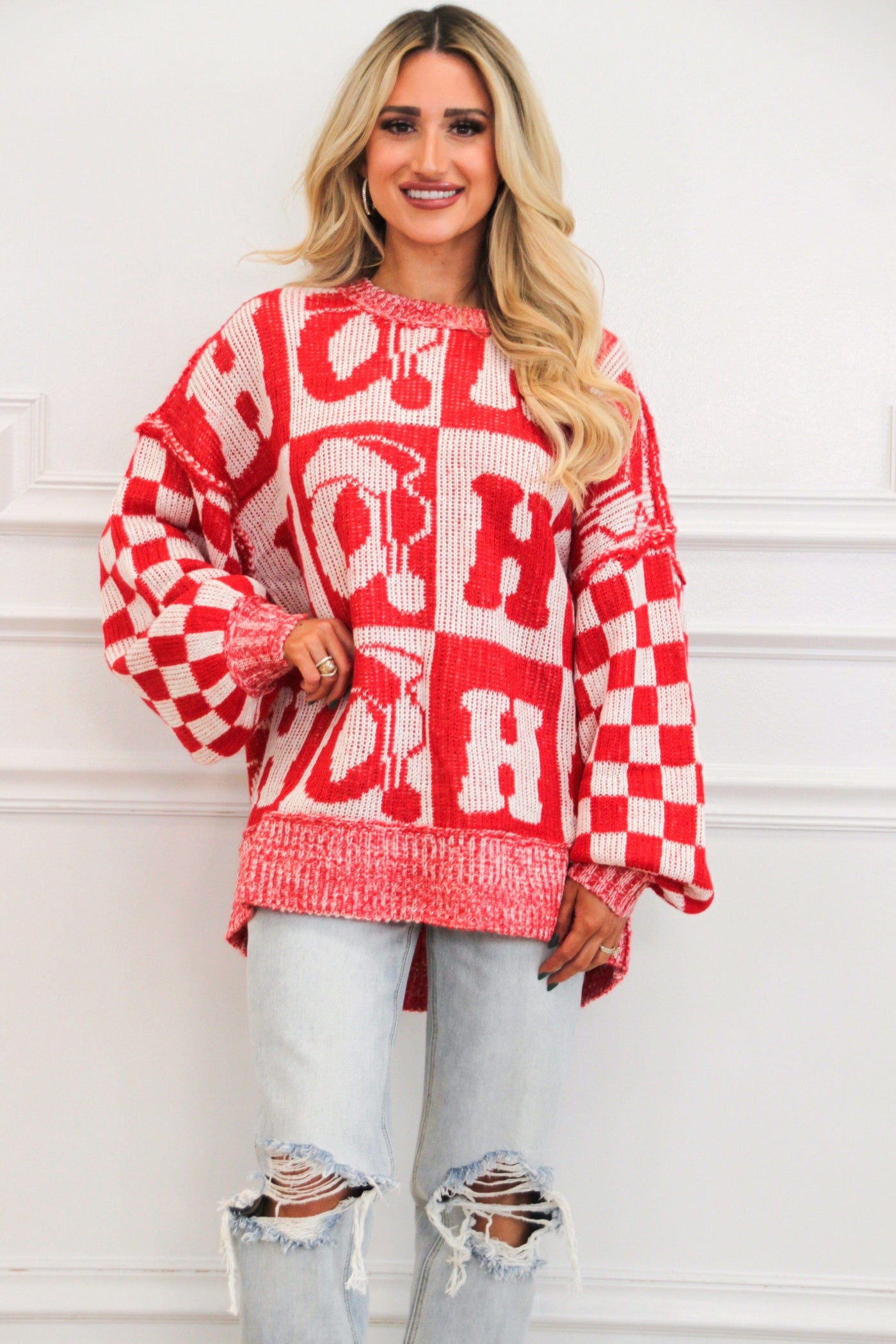 Ho Ho Ho Oversized Checkered Christmas Sweater: Red - Bella and Bloom Boutique