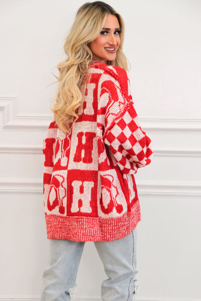 Ho Ho Ho Oversized Checkered Christmas Sweater: Red - Bella and Bloom Boutique