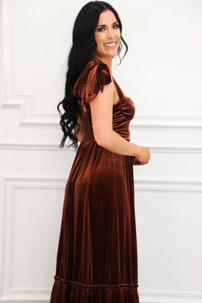 Emiliana Velvet Bow Strap Maxi Dress: Rust - Bella and Bloom Boutique