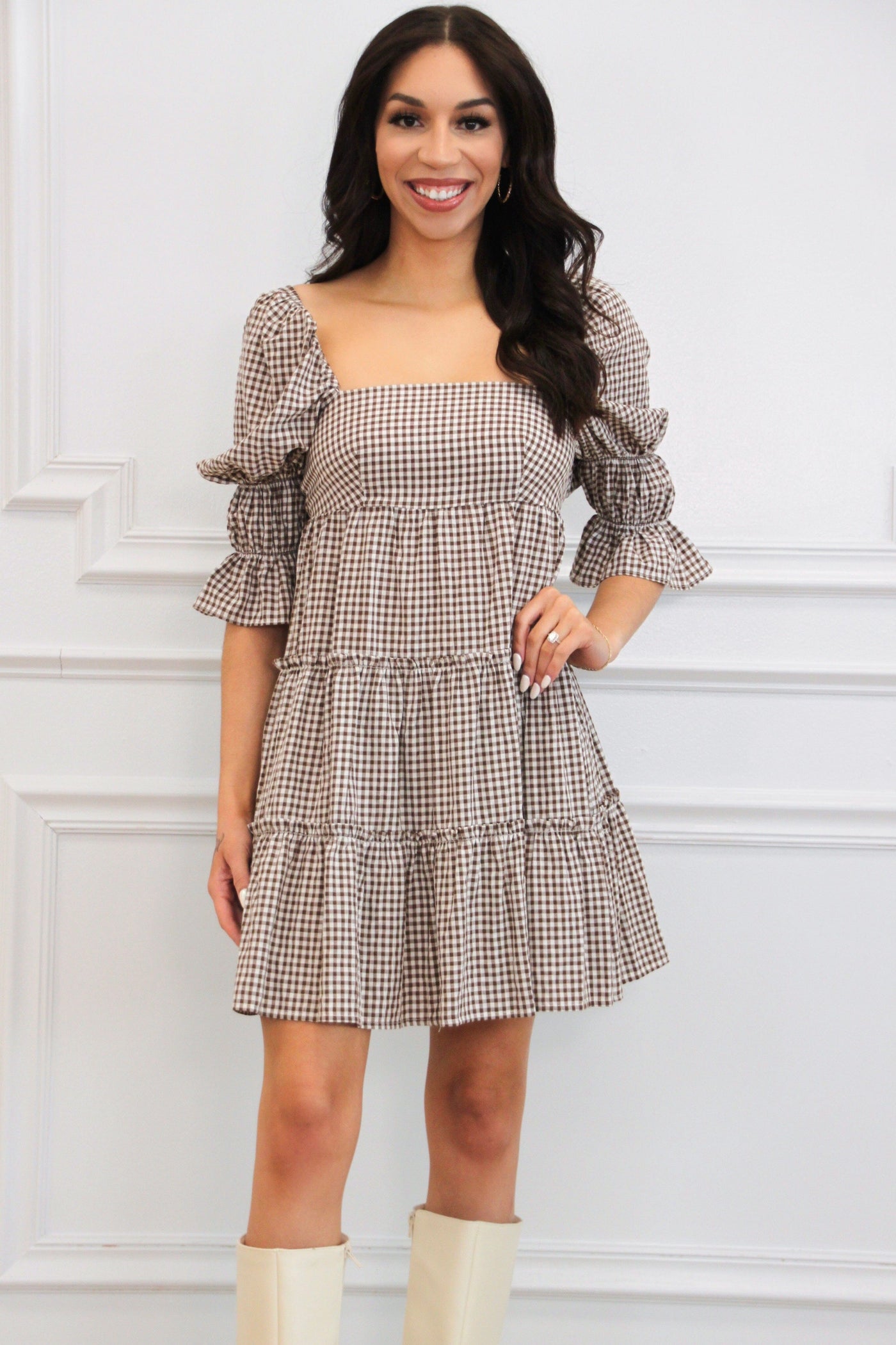 Sanders Gingham Babydoll Dress: Brown/White Bottoms Bella and Bloom Boutique 