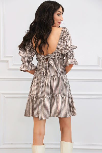 Sanders Gingham Babydoll Dress: Brown/White Bottoms Bella and Bloom Boutique 