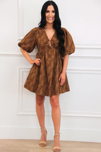 Leave the Pieces Textured Babydoll Dress: Brown - Bella and Bloom Boutique