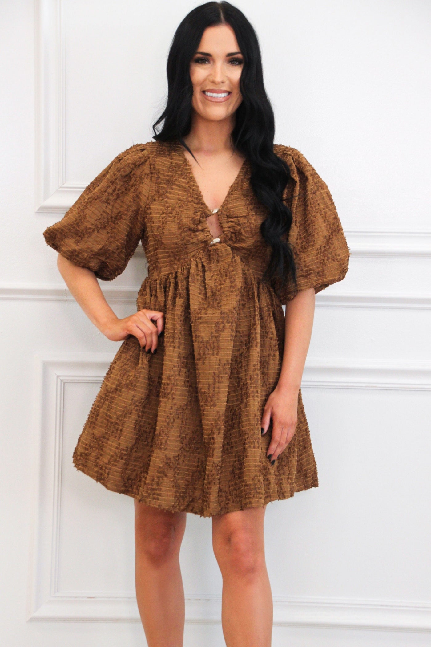 Leave the Pieces Textured Babydoll Dress: Brown - Bella and Bloom Boutique