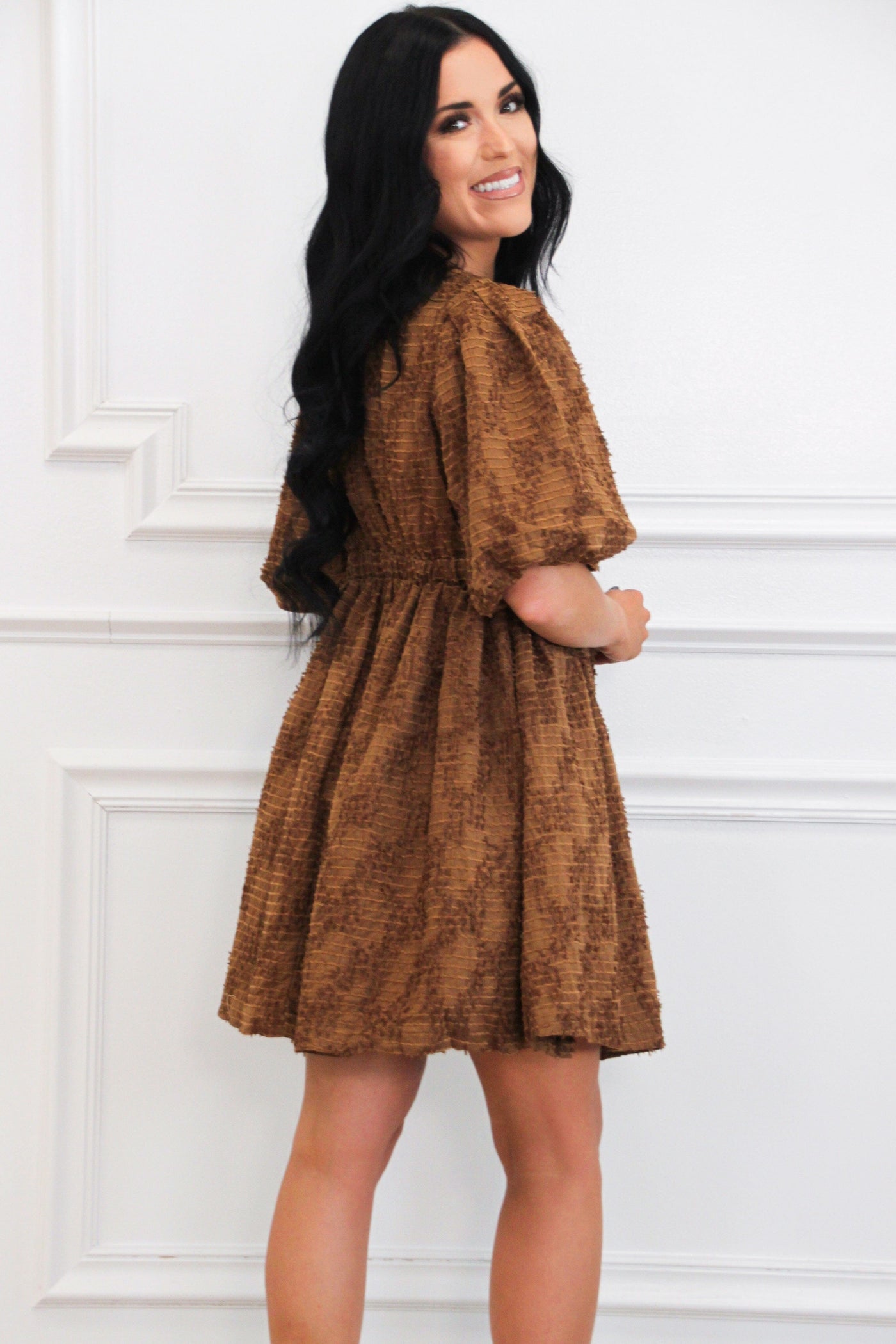 Leave the Pieces Textured Babydoll Dress: Brown - Bella and Bloom Boutique