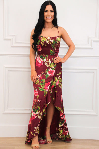 Azura Lace Up Back Satin Ruffle Maxi Dress: Wine Merlot Rose - Bella and Bloom Boutique