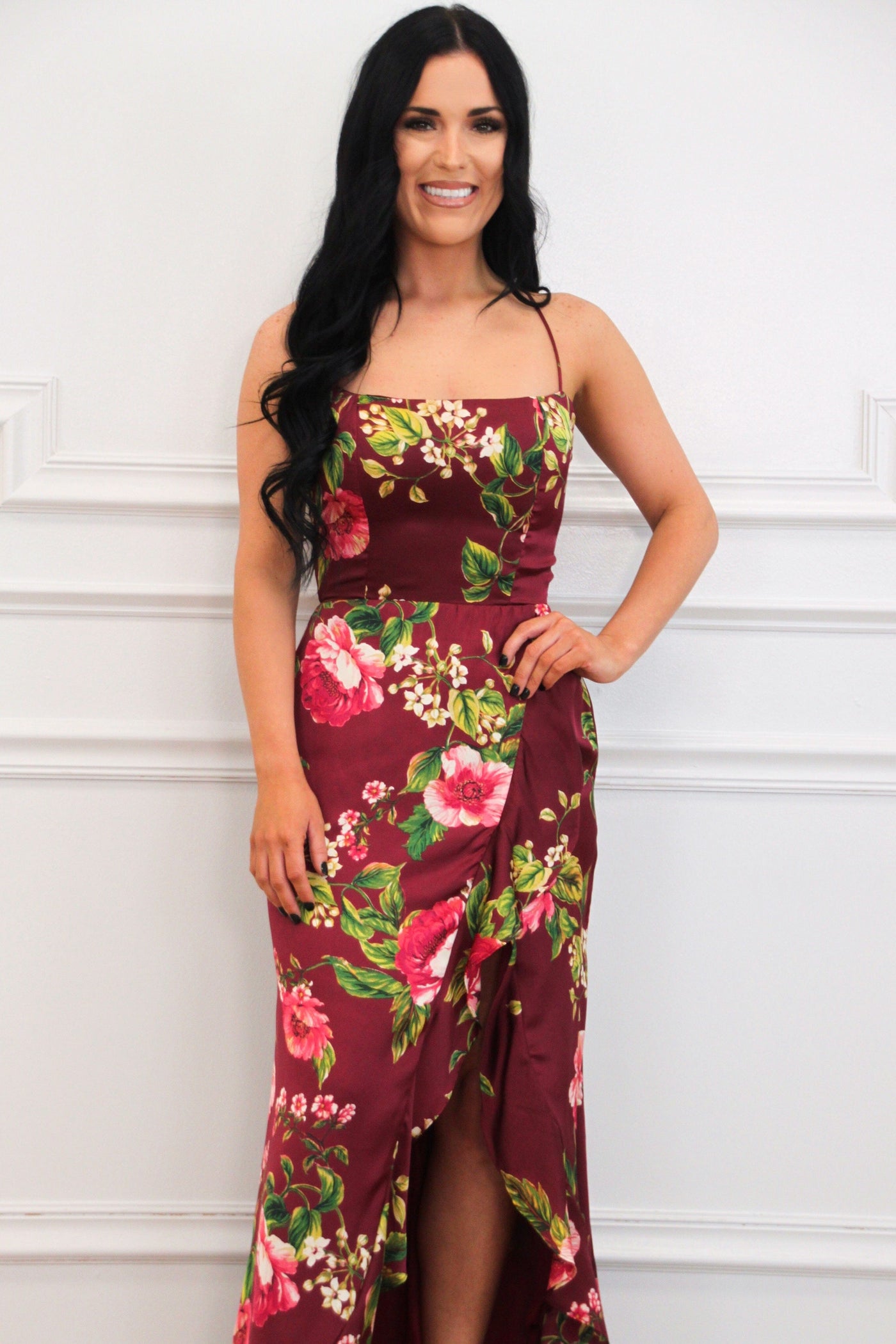 Azura Lace Up Back Satin Ruffle Maxi Dress: Wine Merlot Rose Bella and Bloom Boutique Azura Lace Up Back Satin Ruffle Maxi Dress: Wine Merlot Rose Bella and Bloom Boutique