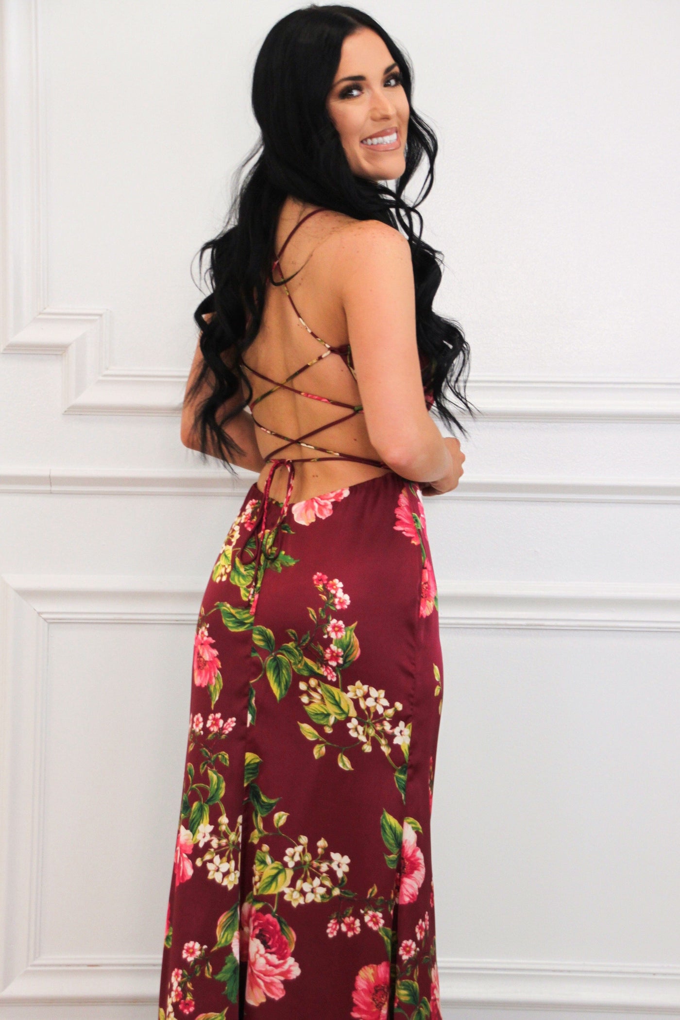 Azura Lace Up Back Satin Ruffle Maxi Dress: WINE Merlot Rose Small / WINE Azura Lace Up Back Satin Ruffle Maxi Dress: WINE Merlot Rose Small / WINE