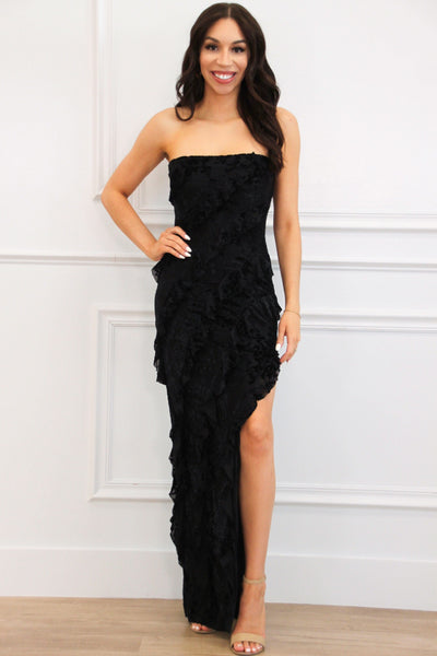 Wiley Strapless Ruffle Velvet Floral Maxi Dress: Black - Bella and Bloom Boutique