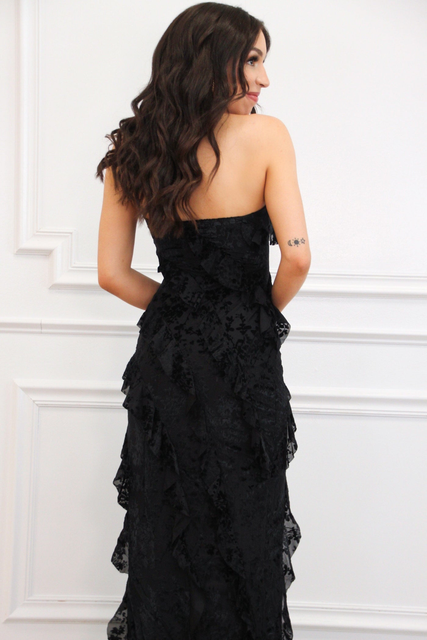 Wiley Strapless Ruffle Velvet Floral Maxi Dress: Black - Bella and Bloom Boutique