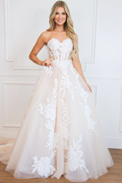 Paisley Floral Applique Lace Bustier Detachable Long Sleeve Ball Gown Wedding Dress: White/Nude - Bella and Bloom Boutique