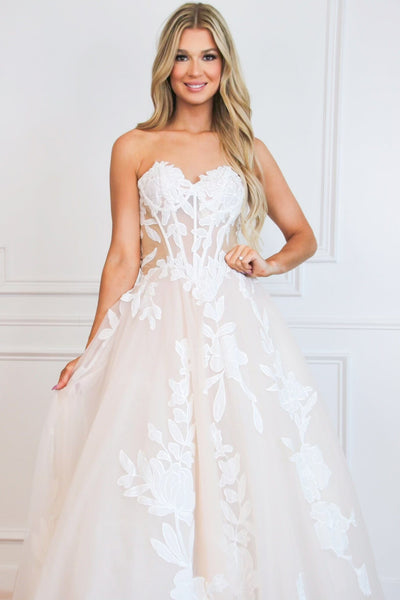 Paisley Floral Applique Lace Bustier Detachable Long Sleeve Ball Gown Wedding Dress: White/Nude - Bella and Bloom Boutique