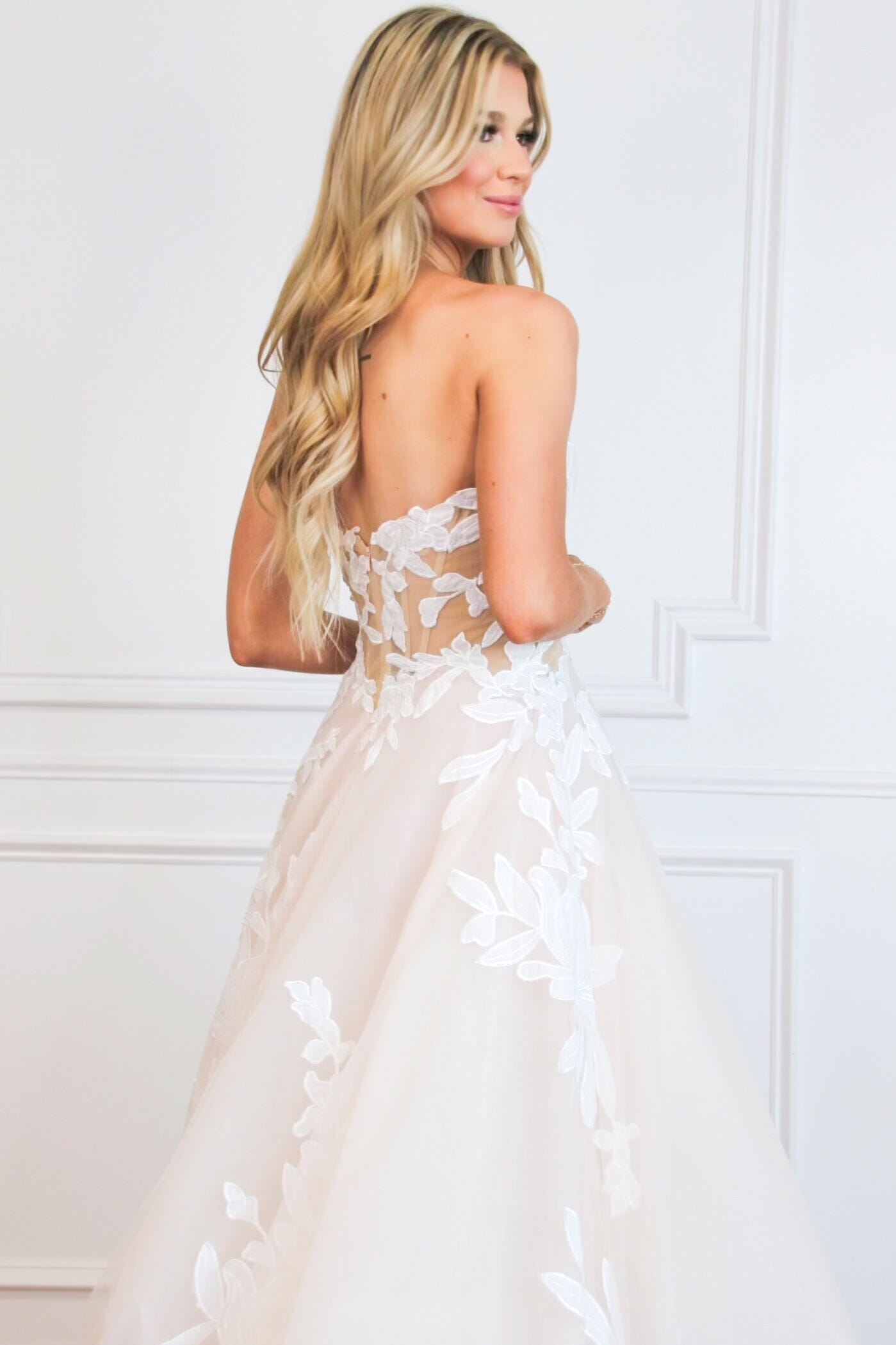 Paisley Floral Applique Lace Bustier Detachable Long Sleeve Ball Gown Wedding Dress: White/Nude - Bella and Bloom Boutique