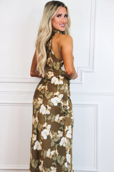 Ivy High Neck Satin Floral Maxi Dress: Brown/Olive - Bella and Bloom Boutique