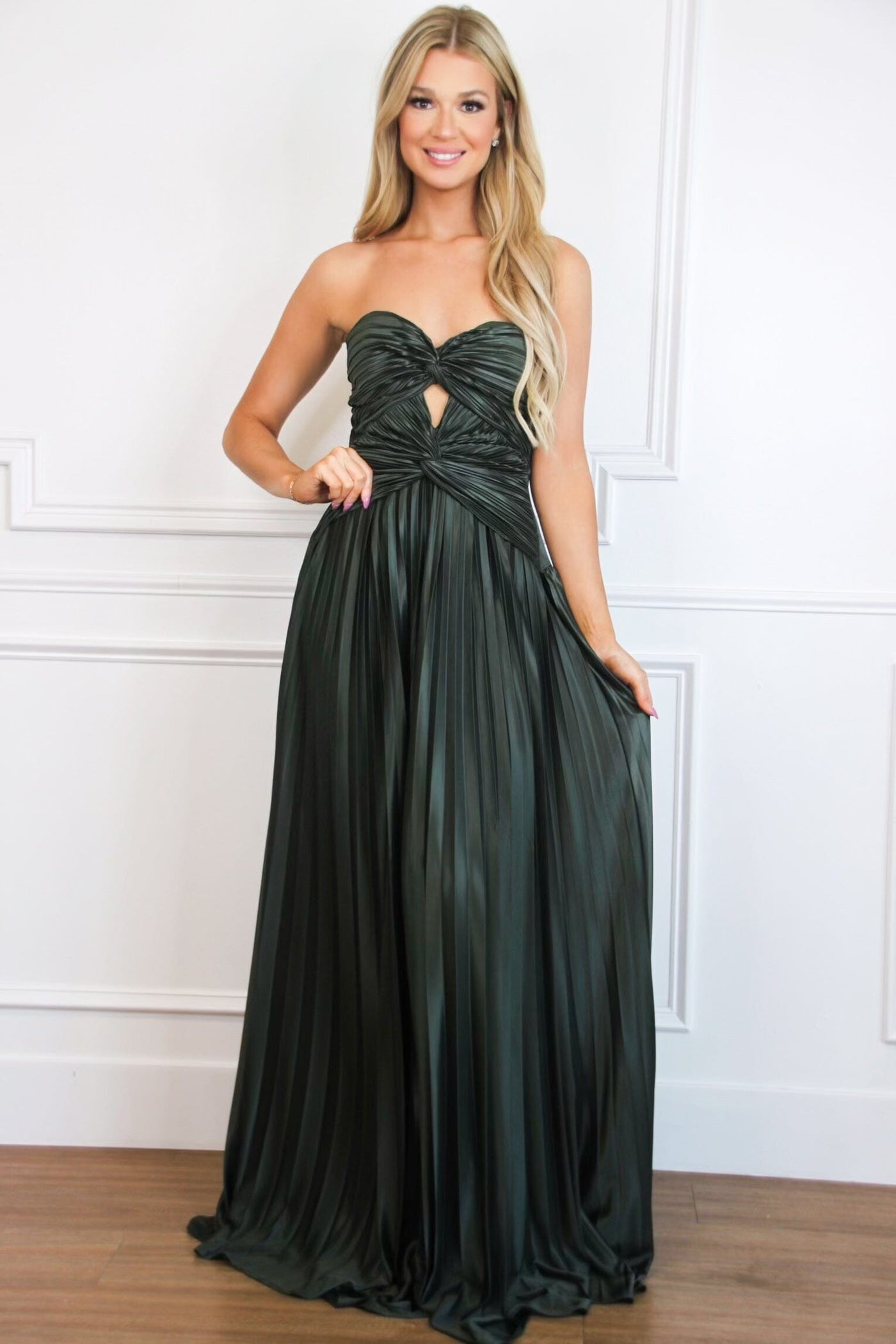 Carolina Strapless Pleated Maxi Dress: Dark Olive - Bella and Bloom Boutique