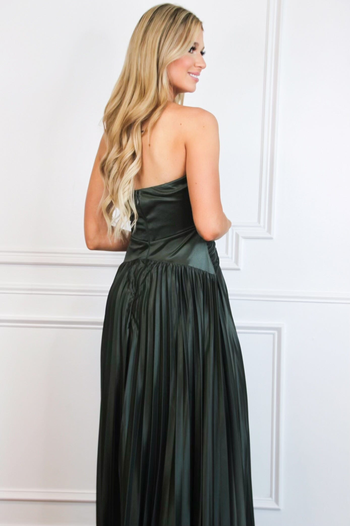 Carolina Strapless Pleated Maxi Dress: Dark Olive - Bella and Bloom Boutique