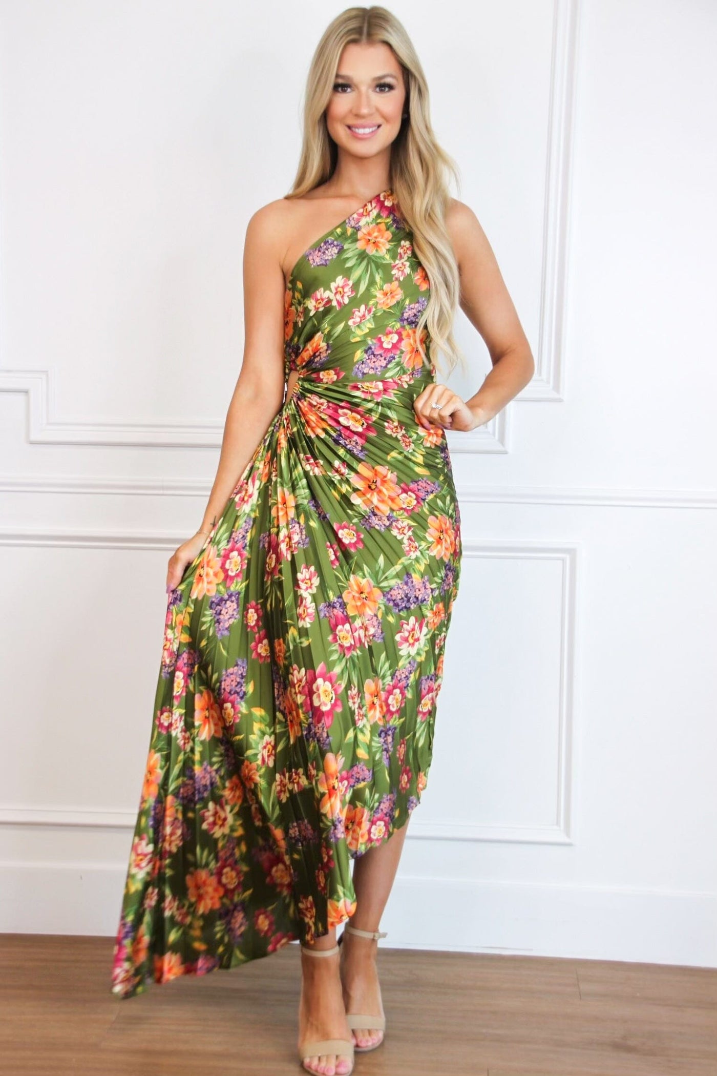 Novelle One Shoulder Pleated Asymmetrical Maxi Dress: Olive Floral - Bella and Bloom Boutique