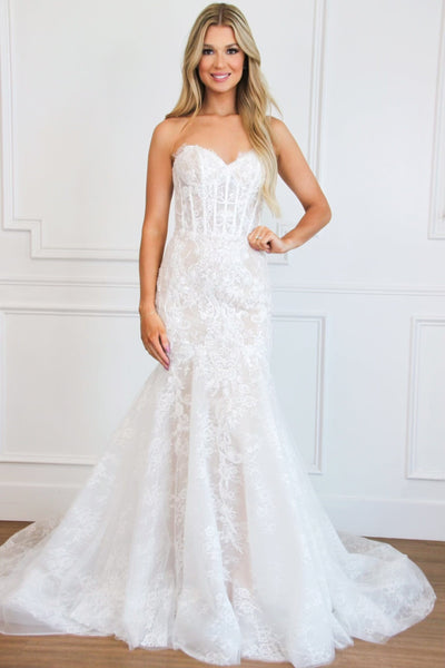 Primrose Lace Detachable Sleeve Mermaid Wedding Dress: White/Nude - Bella and Bloom Boutique