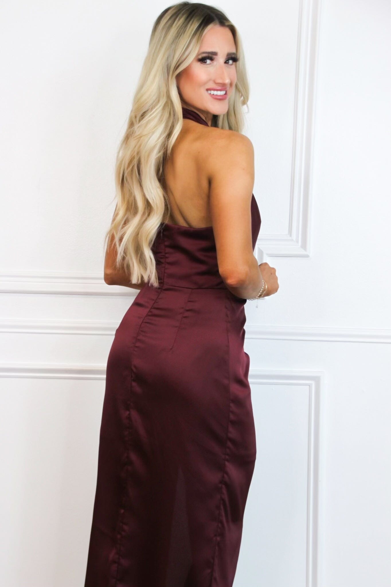 Jenny High Neck Satin Maxi Dress: Wine - Bella and Bloom Boutique