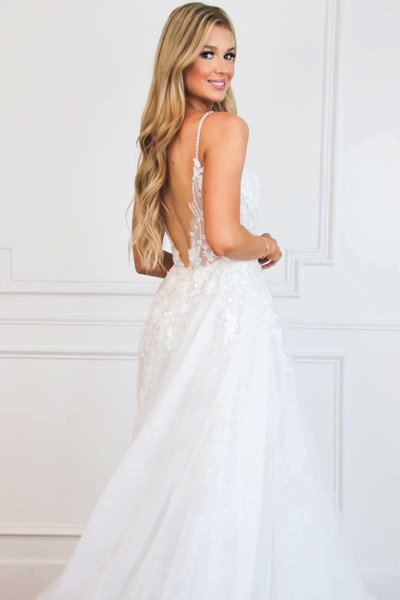 Perla Floral Applique Lace Wedding Dress: Off White - Bella and Bloom Boutique