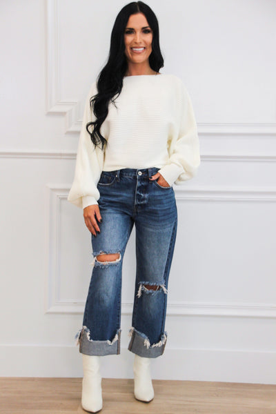 Staple Moment Boat Neck Balloon Sleeve Sweater: Off White - Bella and Bloom Boutique