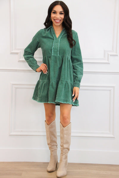 Sammy Corduroy Long Sleeve Dress: Green - Bella and Bloom Boutique